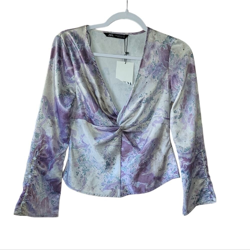 Zara Satin Ruched Vneck Marble Long Sleeve Blouse Womans xsmall
